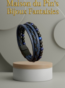Bracelet Homme Bleu, tressé, jonc en acier inoxydable avec perles d'obsidienne 