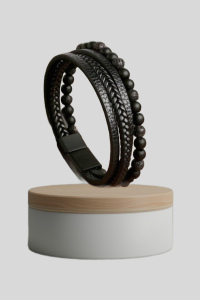 Bracelet Homme Noir, tressé, jonc en acier inoxydable avec perles d'obsidienn